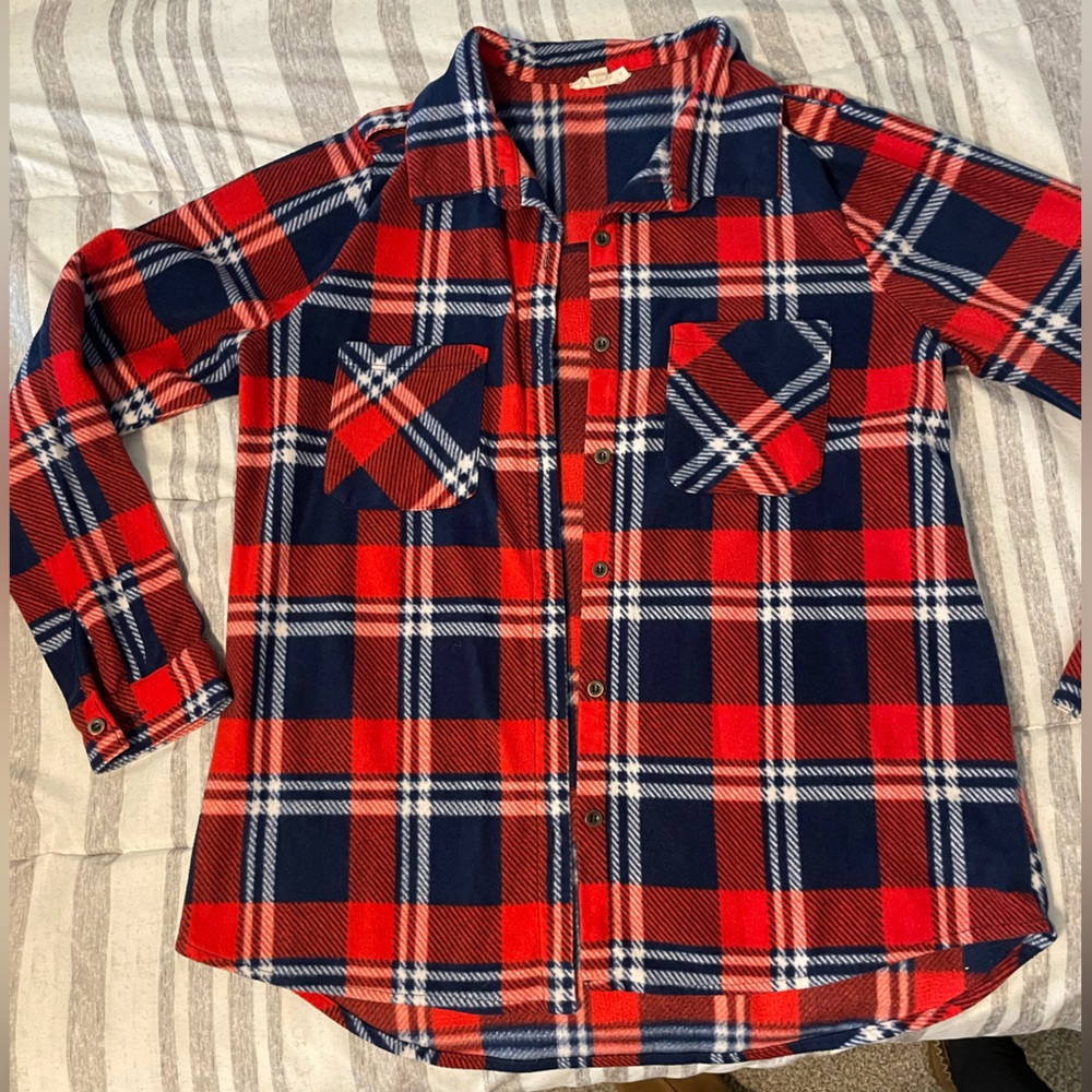 Ladies large fleece plaid button down shirt